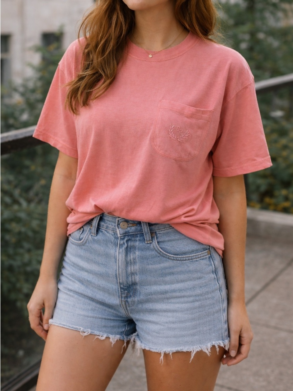 Vintage oversized Pocket Tee in Coral Pink “Club Prive” 100% cotton
